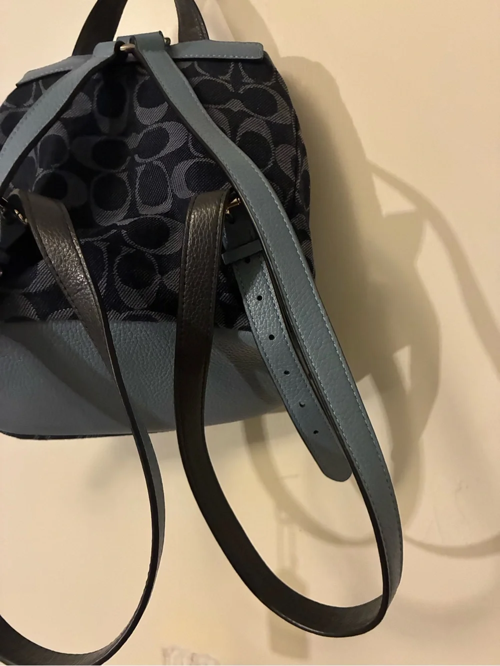 Coach Signature Canvas Backpack with Light Blue Leather Trim